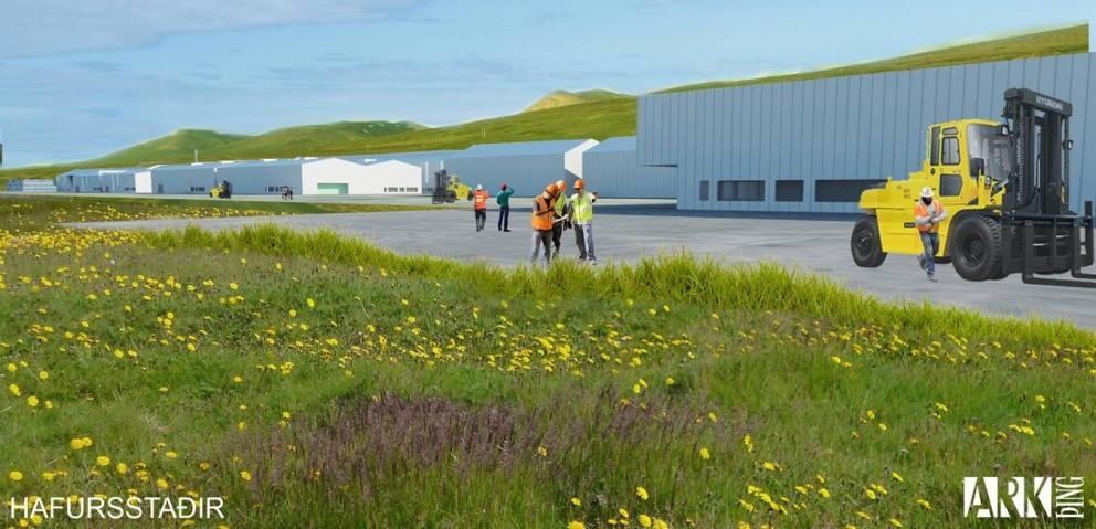 Teikning Ark Þing af fyrirhuguðu álveri á Hafursstöðum. Gert er ráð fyrir að hönnun verði framkvæmd af íslenskum aðilum og árhersla verður lögð á að hanna mannvirki þannig ða þau falli að umhverfinu.