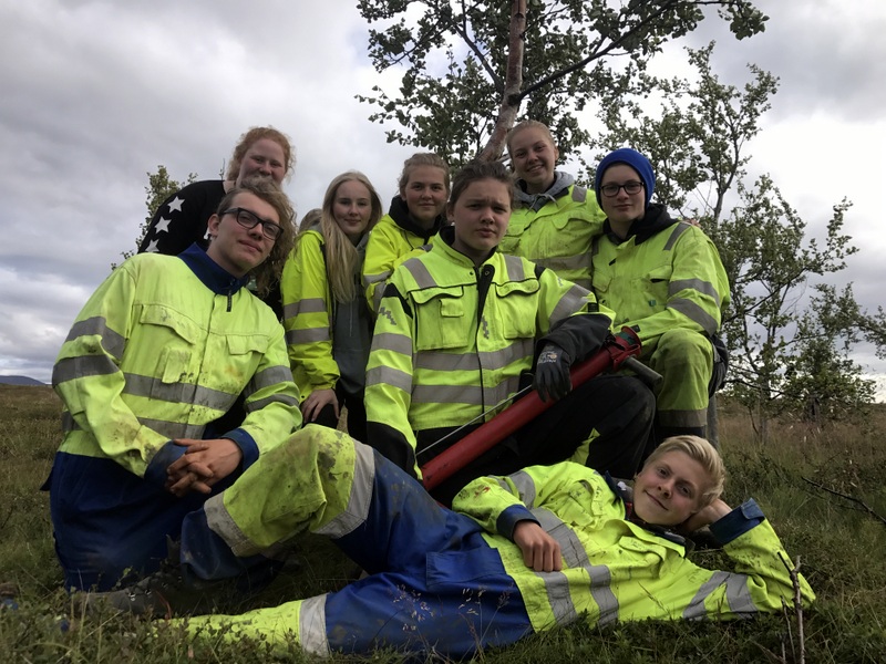 Hópur ungmenna frá Blöndustöð Landsvirkjunar að verki loknu við ágrædd móðurtré sem hafa verið frægjafar við verkefnið. 