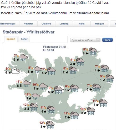 Veðurósk Þórólfs fyrir verslunarmannahelgina.