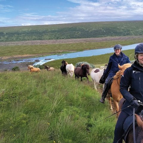 Riðið upp í Barnafell.Þingeyjan í baksýn og glittir í Barnafoss.