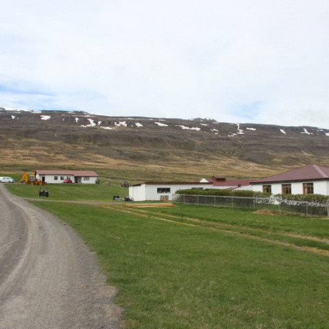 Séð heim að Sölvanesi. Heimagistingin er í húsinu sem er nær á myndinni.