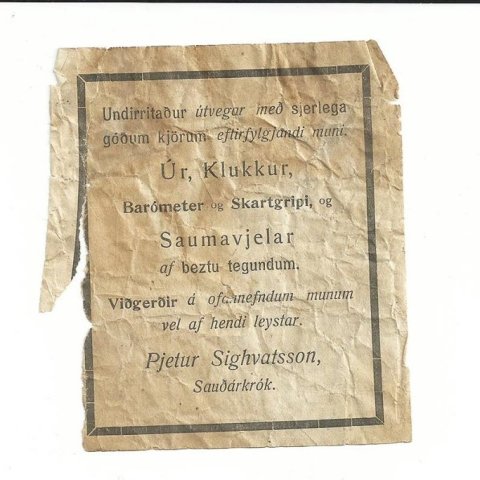 Auglýsing um verslun og þjónustu úrsmiðsins á Sauðárkróki (um 1910).   MYND Í EINKAEIGU