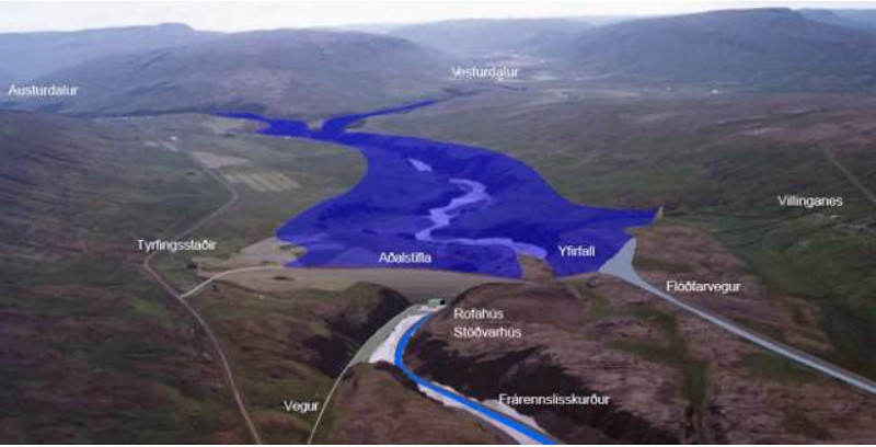 Horft yfir Villinganesvirkjun og lónið úr lofti. Mynd úr skýrslu um Villinganesvirkjun sem virkjunarkost til umfjöllunar í 3. áfanga rammaáætlunar á vefsíðunni Ramma.is.