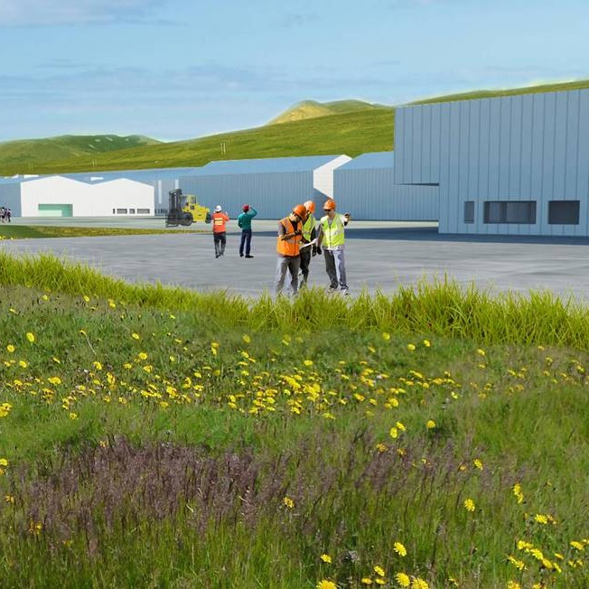 Teikning Ark Þing af fyrirhuguðu álveri á Hafursstöðum. Gert er ráð fyrir að hönnun verði framkvæmd af íslenskum aðilum og árhersla verður lögð á að hanna mannvirki þannig ða þau falli að umhverfinu.