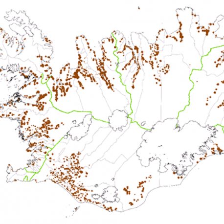 Kort yfir dreifingu sauðfjár á landinu í nóvember 2015. Mynd: Byggðastofnun.