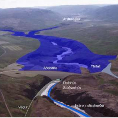 Horft yfir Villinganesvirkjun og lónið úr lofti. Mynd úr skýrslu um Villinganesvirkjun sem virkjunarkost til umfjöllunar í 3. áfanga rammaáætlunar á vefsíðunni Ramma.is.