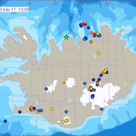 Græna stjarnan sýnir skjálftann í morgun. Mynd: Vedur.is