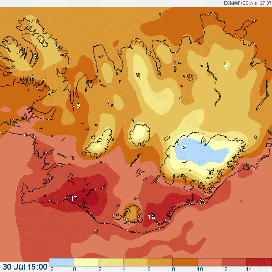 Hitakort fyrir laugardaginn/Mynd: Vedur.is