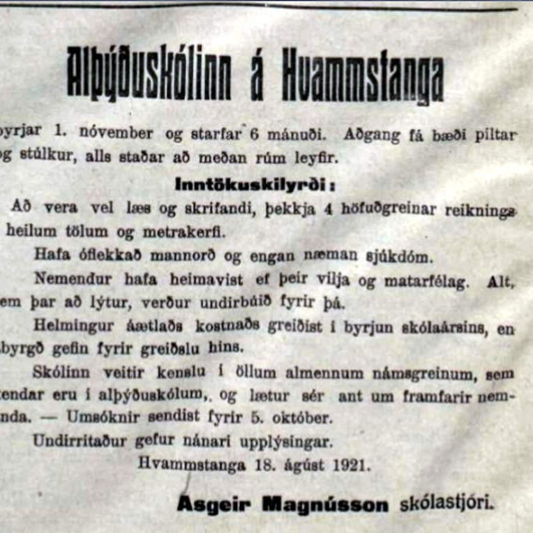 Auglýsing um inntöku nýrra nemenda í Alþýðuskólann á Hvammstanga árið 1921. Mynd: Vísindavefurinn.