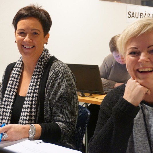 Hjördís Inga og Lydía glaðbeittar á skólabekk í Farskólanum. Mynd: farskolinn.is.