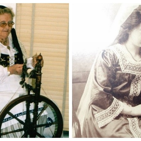 Guðrún Jónsdóttir frá Hnjúki spinnur á rokk í Heimilisiðnaðarsafninu (til vinstri). Á myndinni til hægri klæðist Steinunn Jósefsdóttir (1886-1977) grænum kyrtli sem varðveittur er í Heimilisiðnaðarsafninu. Ljósm./textile.is.