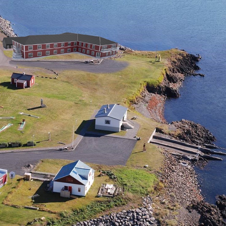 Rauða húsið efst á myndinni er fyrirhuguð hótelbygging á svokölluðu Hólanessvæði á Skagaströnd. Mynd: Pro Ark Teiknistofa.