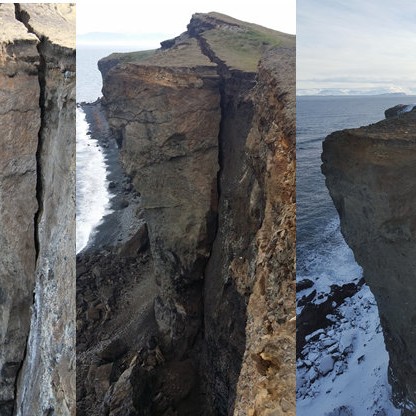 Myndin lengst til vinstri er tekin í mars 2015, sú í miðjunni í júlí 2015 og myndin lengst til hægri í þessum mánuði. Sprungan er nú orðin 2-3 metrar á breidd á yfirborði. Myndir: Kristján Örn Kristjánsson.
