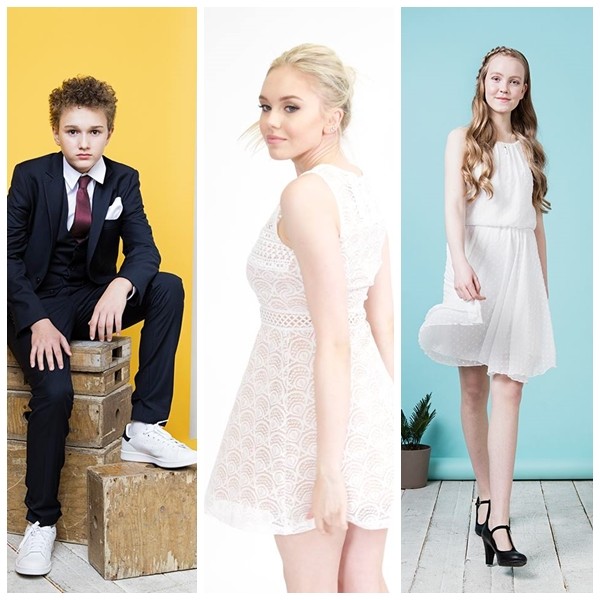 strákur - fatnaður frá Gallerí Sautján, steplan í miðjunni - kjóll úr Gyllta kettinum, stelpa hægra megin - fatnaður frá Gallerí Sautján