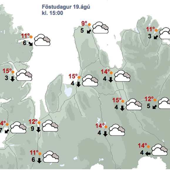 Veðrið á Ströndum og Norðurlandi vestra kl. 15 í dag, 19. ágúst, skv. spá Veðurstofu Íslands. Mynd/vedur.is