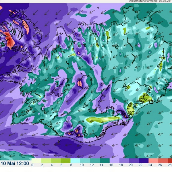 Vindaspáin kl. 12 á hádegi á morgun. Mynd:Vedur.is