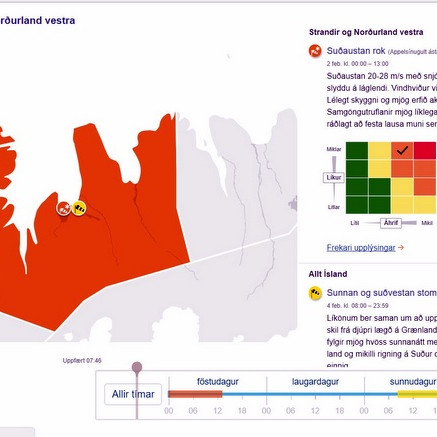 Appelsínugul viðvörun er í gangi fyrir Norðurland vestra fram yfir hádegi. Mynd: Skjáskot af vef Veðurstofunnar.
