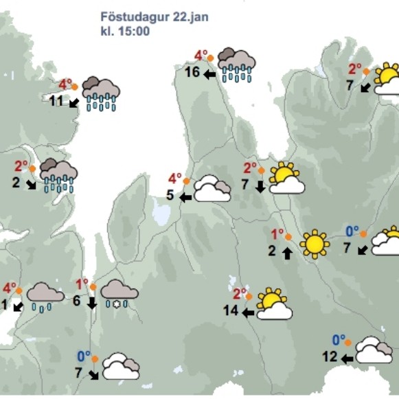 Veðrið á Ströndum og Norðurlandi vestra í dag, kl. 15, samkvæmt spá Veðurstofu Íslands. Mynd/Vedur.is