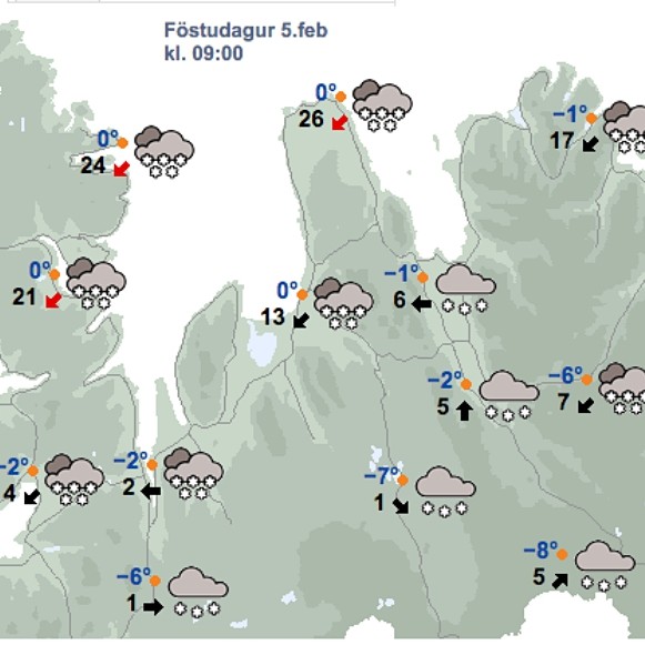 Veðrið á Ströndum og Norðurlandi vestra kl. 9:00 í dag, 5. janúar, skv. spá Veðurstofu Íslands. Mynd/Vedur.is