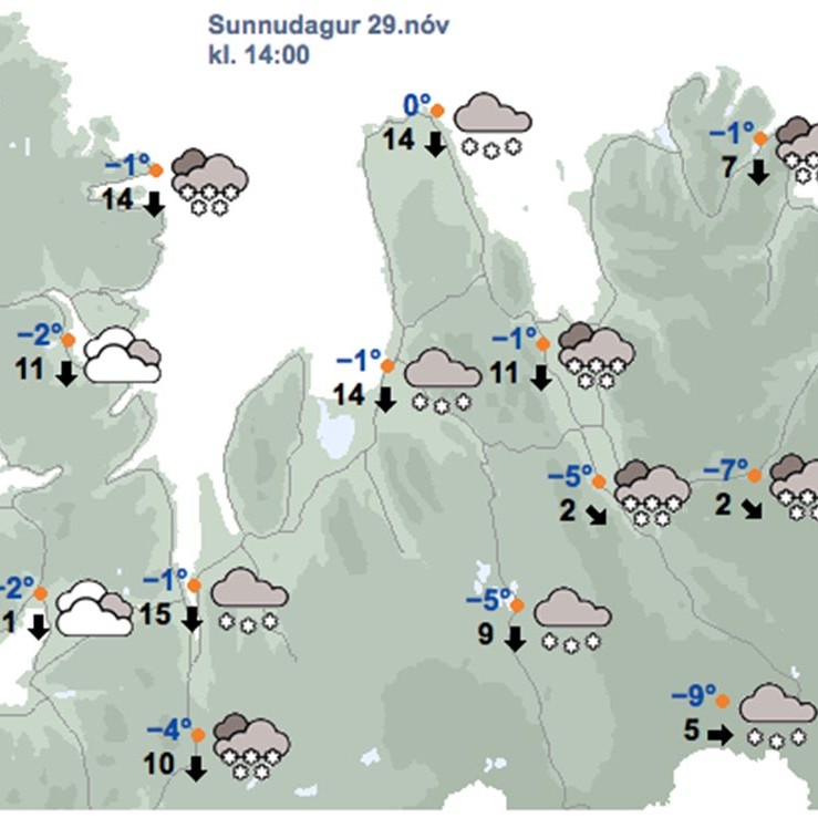 Veðurkort á Veður.is fyrir kl. 14:00 í dag.