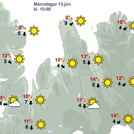 Veðrið kl. 15 í dag, 13. júní, skv. spá Veðurstofu Íslands. Mynd/Vedur.is