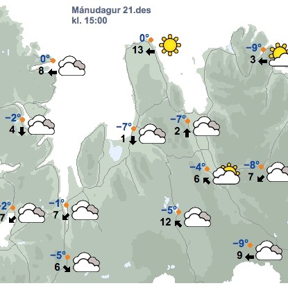 Veðrið kl. 15:00 í dag, annan í jólum, samkvæmt spá Veðurstofu Íslands. Mynd/Veður.is