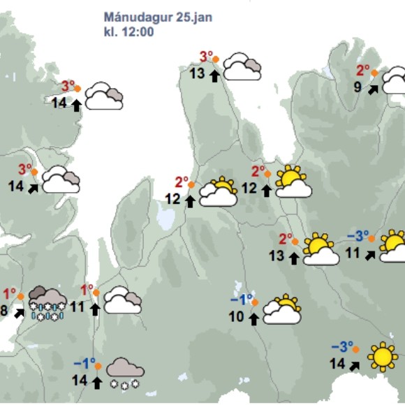 Veðrið kl. 12 á hádegi í dag, 25. janúar, skv. spá Veðurstofu Íslands. Mynd/Vedur.is