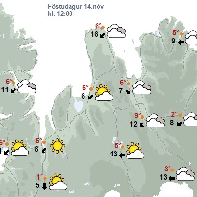 Norðaustan 10-15 m/s en hægari til landsins