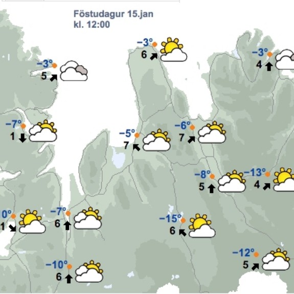 Veðrið kl. 12 á hádegi í dag, föstudaginn 15. janúar, skv. spá Veðurstofu Íslands. Mynd/Veður.is.