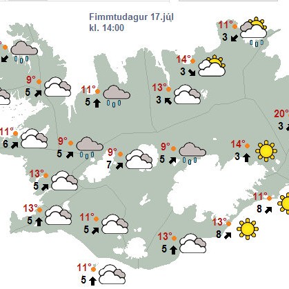 Skýjað og væta með köflum í dag