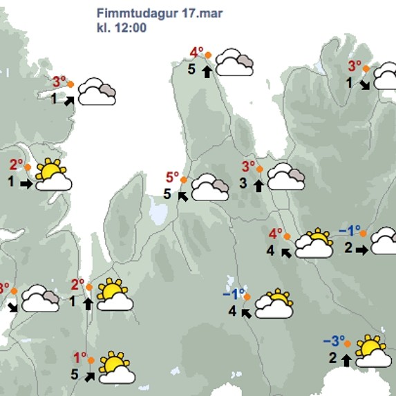 Veðrið kl. 12 á hádegi í dag, 17. mars, skv. spá Veðurstofu Íslands. Mynd/Vedur.is