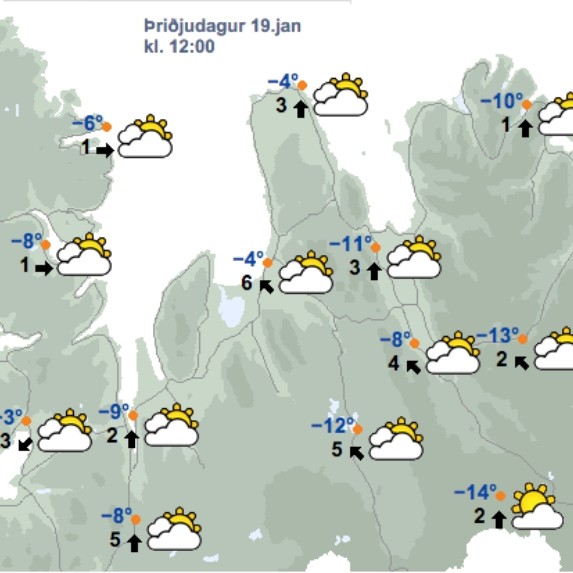 Veðrið kl. á hádegi í dag 19. janúar, samkvæmt spá Veðurstofu Íslands. Mynd/Vedur.is