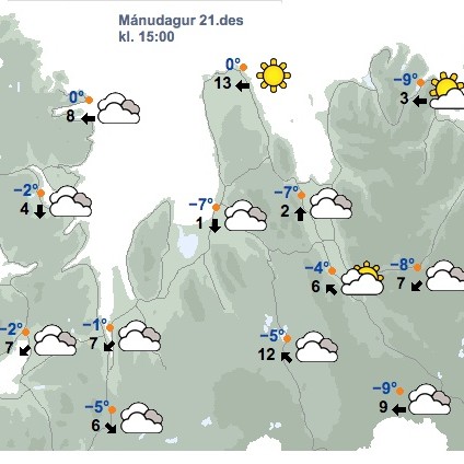 Veðrið kl. 15:00 í dag, mánudaginn 21. desember, skv. spá Veðurstofu Íslands. Mynd/Vedur.is