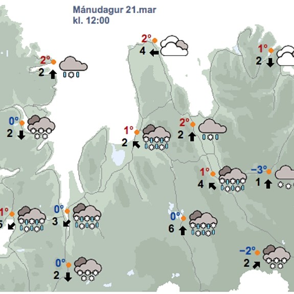 Veðrið kl. 12 á hádegi í dag, 21. mars, skv. spá Veðurstofur Íslands. Mynd/Vedur.is