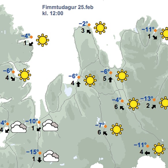 Veðrið kl. 12 á hádegi í dag, fimmtudaginn 25. febrúar, skv. spá Veðurstofu Íslands. Mynd/BÞ