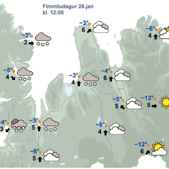 Veðrið kl. 12 á hádegi í dag, 28. janúar, skv. spá Veðurstofu Íslands. Mynd: Vedur.is