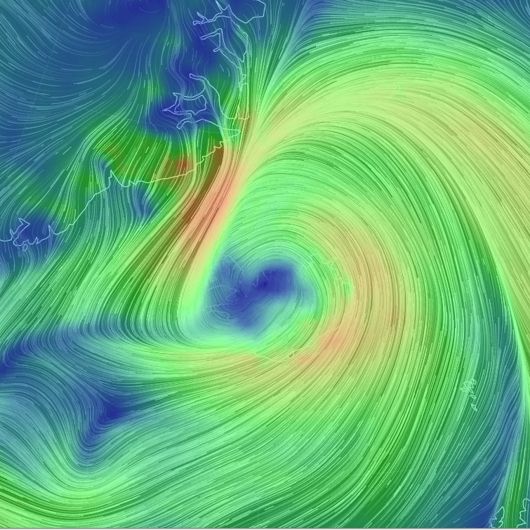 Lægðin er yfir landinu, nú um hádegisbil 30. desember 2015, eins og sjá má á meðfylgjandi mynd af http://earth.nullschool.net.
