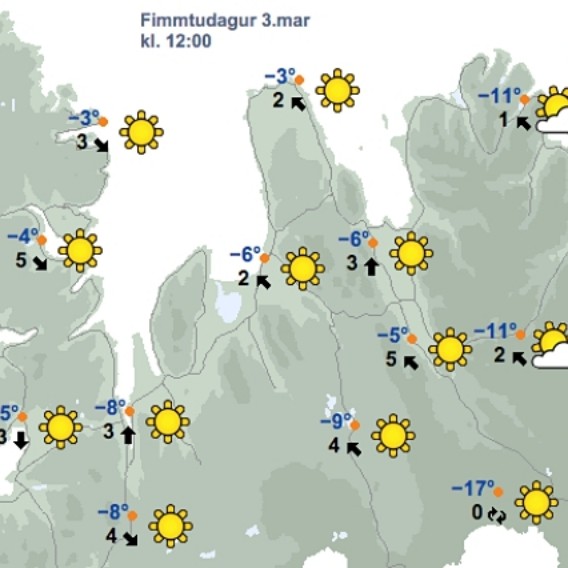 Veðrið kl. 12 á hádegi í dag, fimmtudaginn 3. mars, skv. spá Veðurstofu Íslands. Mynd/Vedur.is