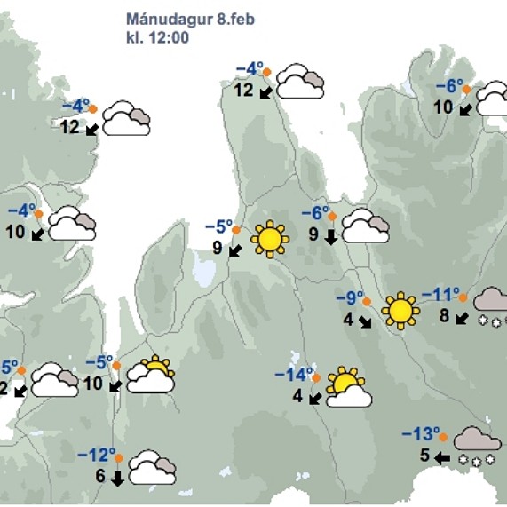 Veðrið á Ströndum og Norðurlandi vestra kl. 12 á hádegi í dag, skv. spá Veðurstofu Íslands. Mynd/Vedur.is.