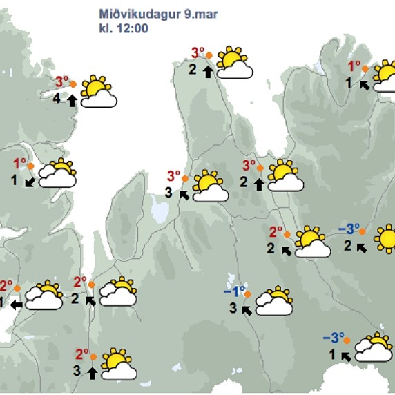 Veðrið kl. 12 á hádegi í dag, 9. mars, skv. spá Veðurstofu Íslands. Mynd/Vedur.is