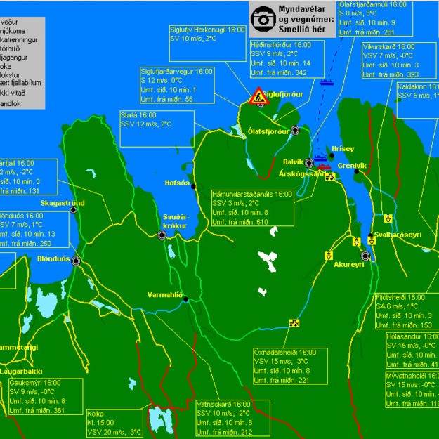 Færð og veður á Norðurlandi vestra upp úr kl. 16 í dag. Mynd: Vefur Vegagerðarinnar.