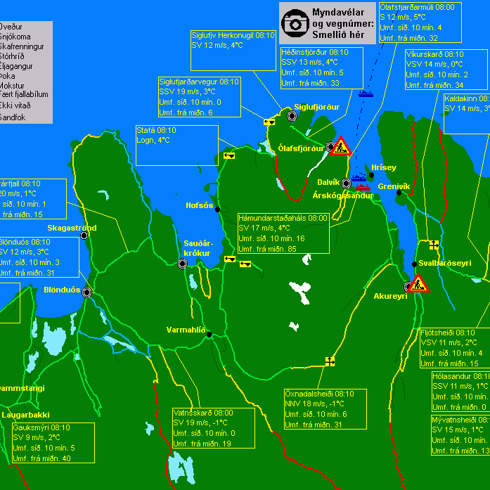 Óveður á Þverárfjalli og Siglufjarðarvegi