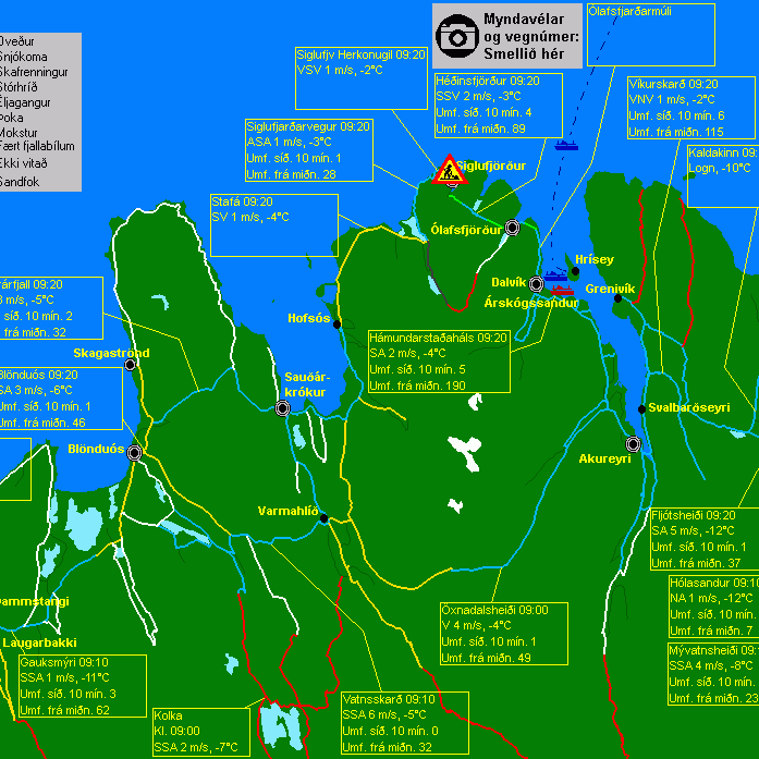 Færð á vegum uppúr kl. 9 mánudaginn 18. janúar 2016. Mynd/Vegagerðin.