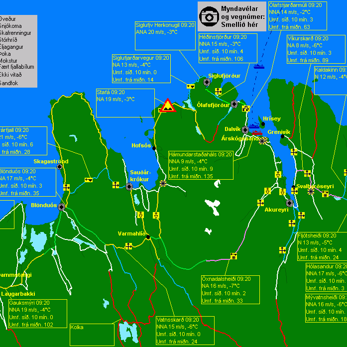 Óveður á Þverárfjalli og Siglufjarðarvegi