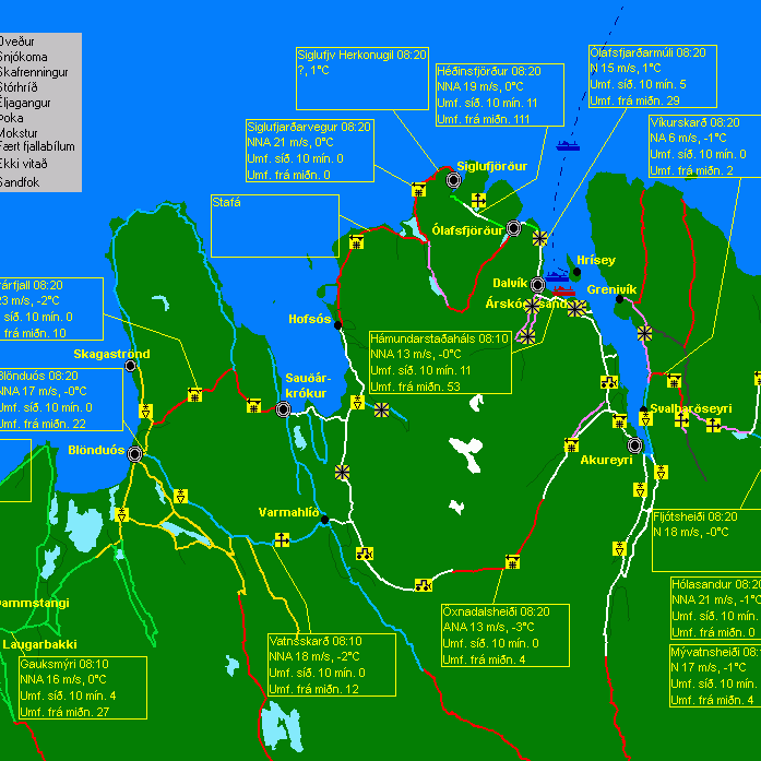 Ófært á Þverárfjalli og Siglufjarðarvegi