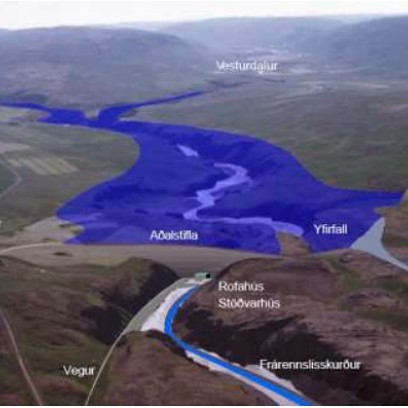 Horft yfir Villinganesvirkjun og lónið úr lofti. Mynd úr skýrslu um Villinganesvirkjun sem virkjunarkost til umfjöllunar í 3. áfanga rammaáætlunar á vefsíðunni Ramma.is.