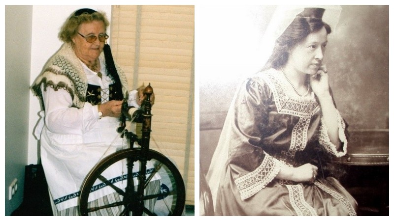 Guðrún Jónsdóttir frá Hnjúki spinnur á rokk í Heimilisiðnaðarsafninu (til vinstri). Á myndinni til hægri klæðist Steinunn Jósefsdóttir (1886-1977) grænum kyrtli sem varðveittur er í Heimilisiðnaðarsafninu. Ljósm./textile.is.