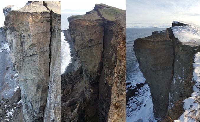 Myndin lengst til vinstri er tekin í mars 2015, sú í miðjunni í júlí 2015 og myndin lengst til hægri í þessum mánuði. Sprungan er nú orðin 2-3 metrar á breidd á yfirborði. Myndir: Kristján Örn Kristjánsson.