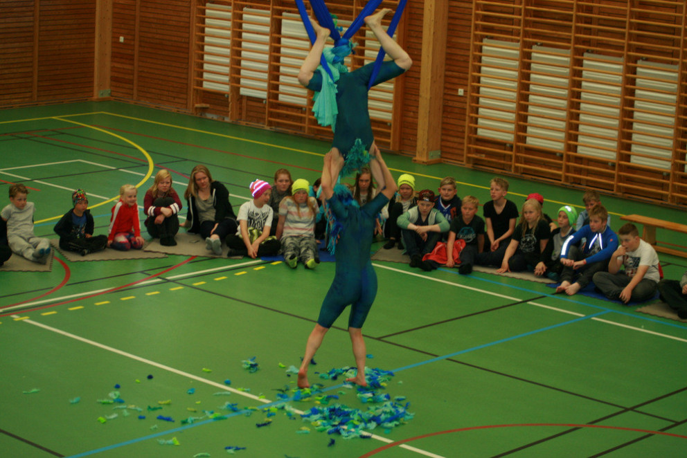 Dans-og sirkuslistahópur lék listir sínar í Varmahlíð í síðustu viku. Myndir: KSE