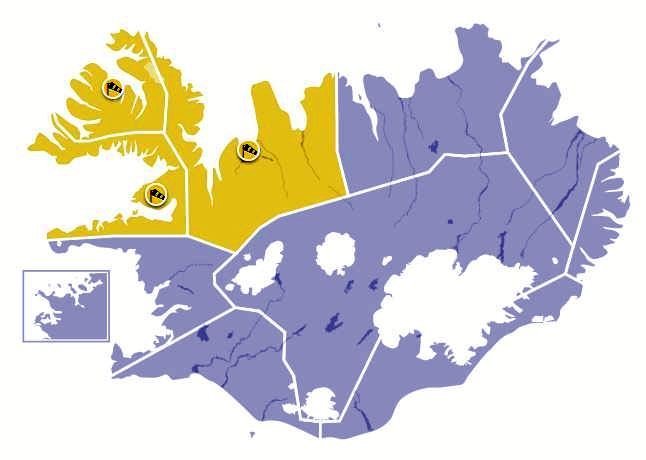 Gular viðvaranir í dag. Kort:Veðurstofan
